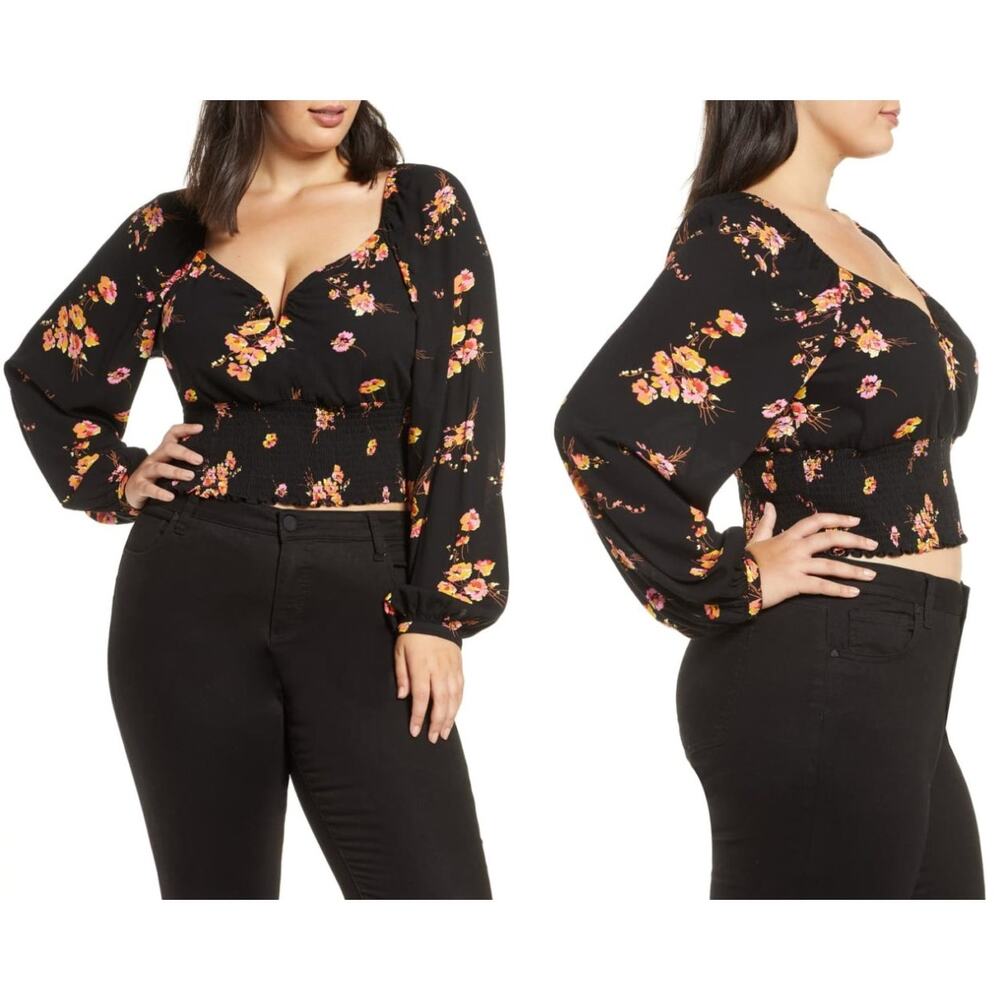 Leith Smocked Crop Black Floral Top Sweetheart Neckline Boho Peasant Size M - Picture 2 of 11